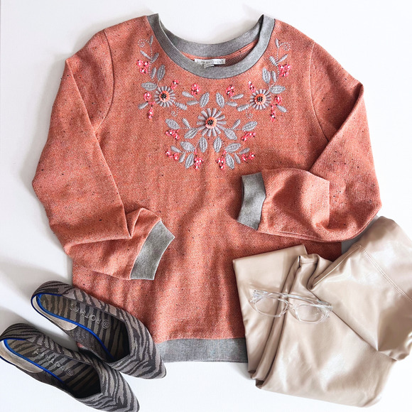 Anthropologie AlphaMoment Embroidered Floral Sweatshirt – Orange Blossom Small - Picture 1 of 6